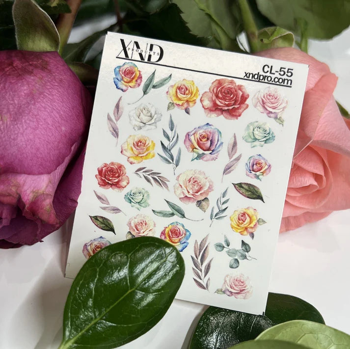CL- 55 / Nail Decal 2D/ Colorful Roses/ Botanical Leaves/ Romantic/ Floral/ Roses/ Spring Nails