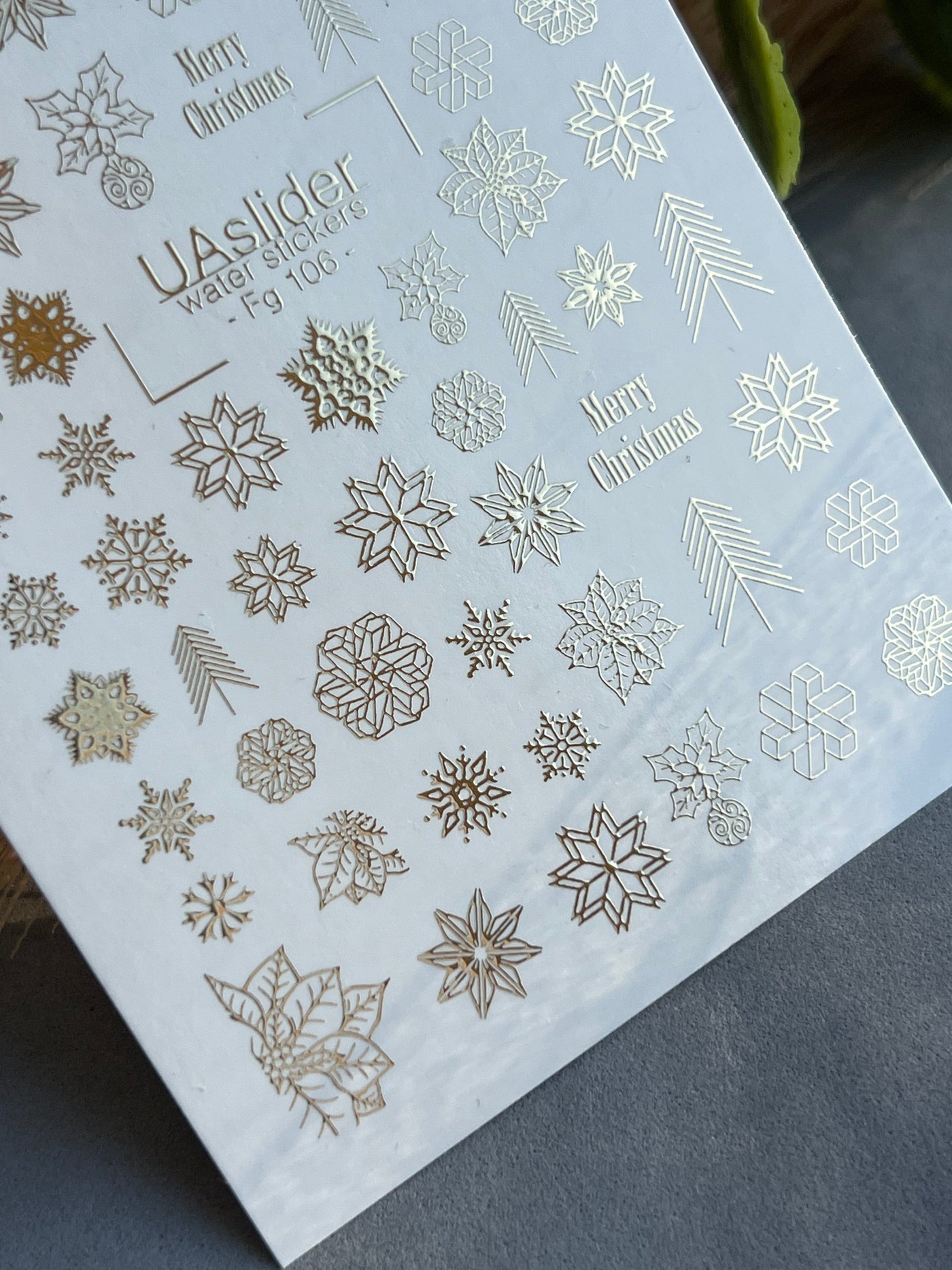 UA Slider 2D Nail Decal FG-106 Gold Snowflakes Evergreen Branches Holiday Florals Water Slide Nail Decals winter nails christmas nails velvet french