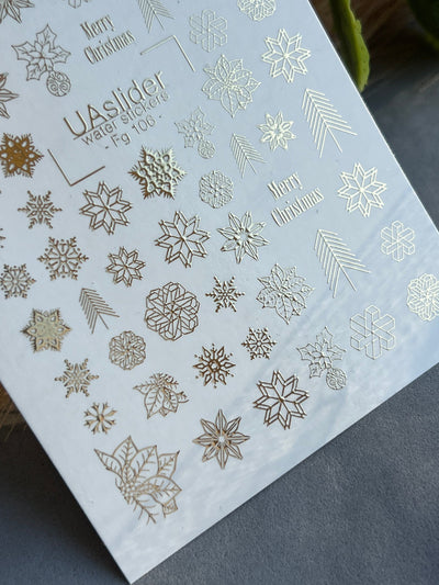 UA Slider 2D Nail Decal FG-106 Gold Snowflakes Evergreen Branches Holiday Florals Water Slide Nail Decals winter nails christmas nails velvet french