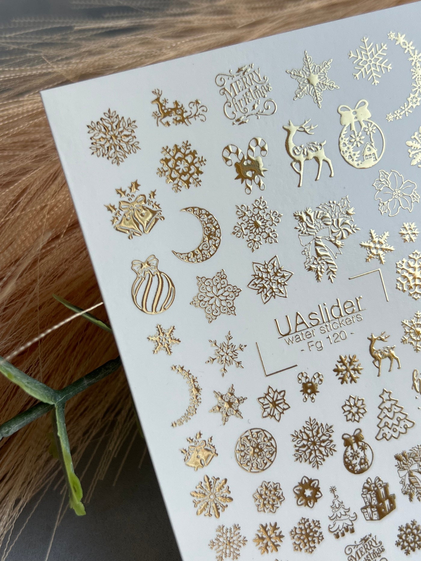 UA Slider 2D Nail Decal FG-120 Water Slide Nail Decals Christmas Trees and Gold Snowflakes