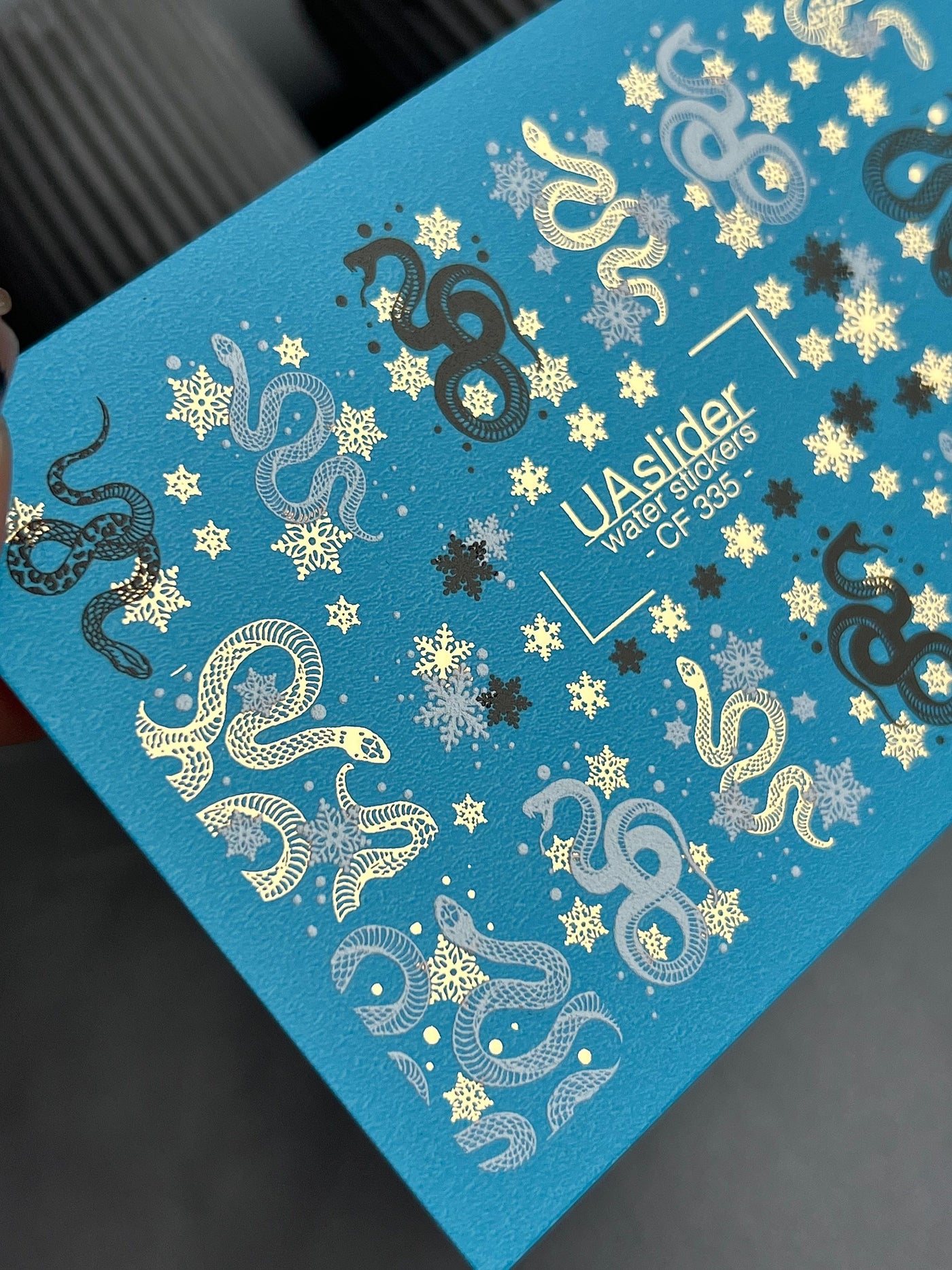 UA Slider 2D Nail Decal CF-335 Snake Motif with Snowflakes Black White Gold Water Slide Nail Decals winter nails gothic christmas nails