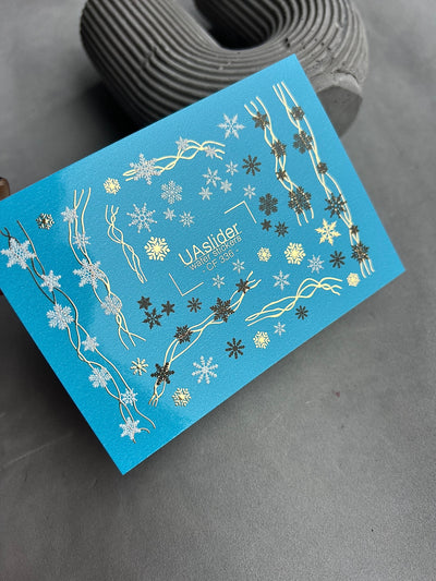 UA Slider 2D Nail Decal CF-336 Water Slide Nail Decals Snowflakes and Festive Lines in Gold, Black and White
