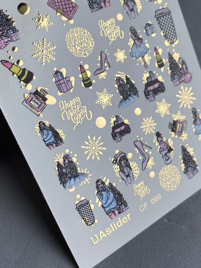 UA Slider 2D Nail Decal CF-066 New Year Fashion Nail Water Decals gifts perfume coffee cups gold snowflakes holiday nails winter nails