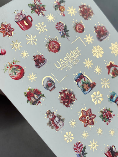 UA Slider 2D Nail Decal CF-029 Water Slide Nail Decals Ornaments Snowflakes and Christmas Candy with Gold Foil