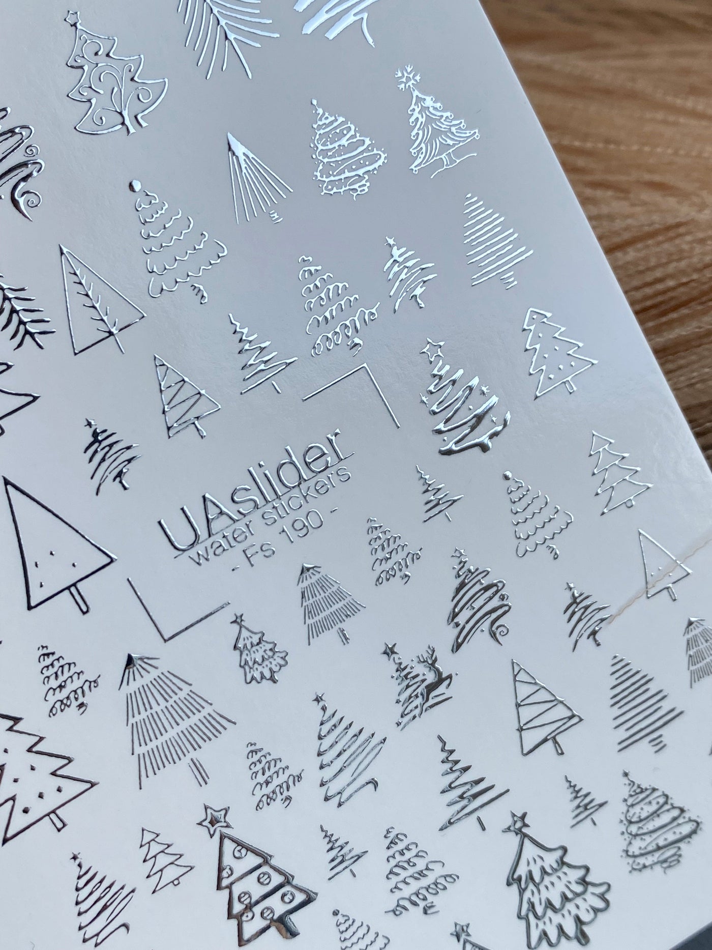 UA Slider 2D Nail Decal FS-190 Festive Silver Foil Christmas Tree Water­slide Nail Decals