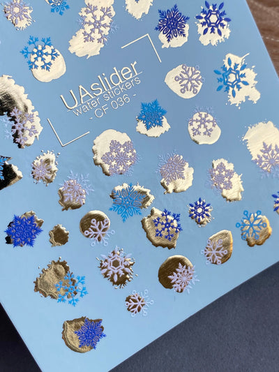 UA Slider 2D Nail Decal CF-036 Water Slide Nail Decals Winter Snowflakes Blue White Gold Foil