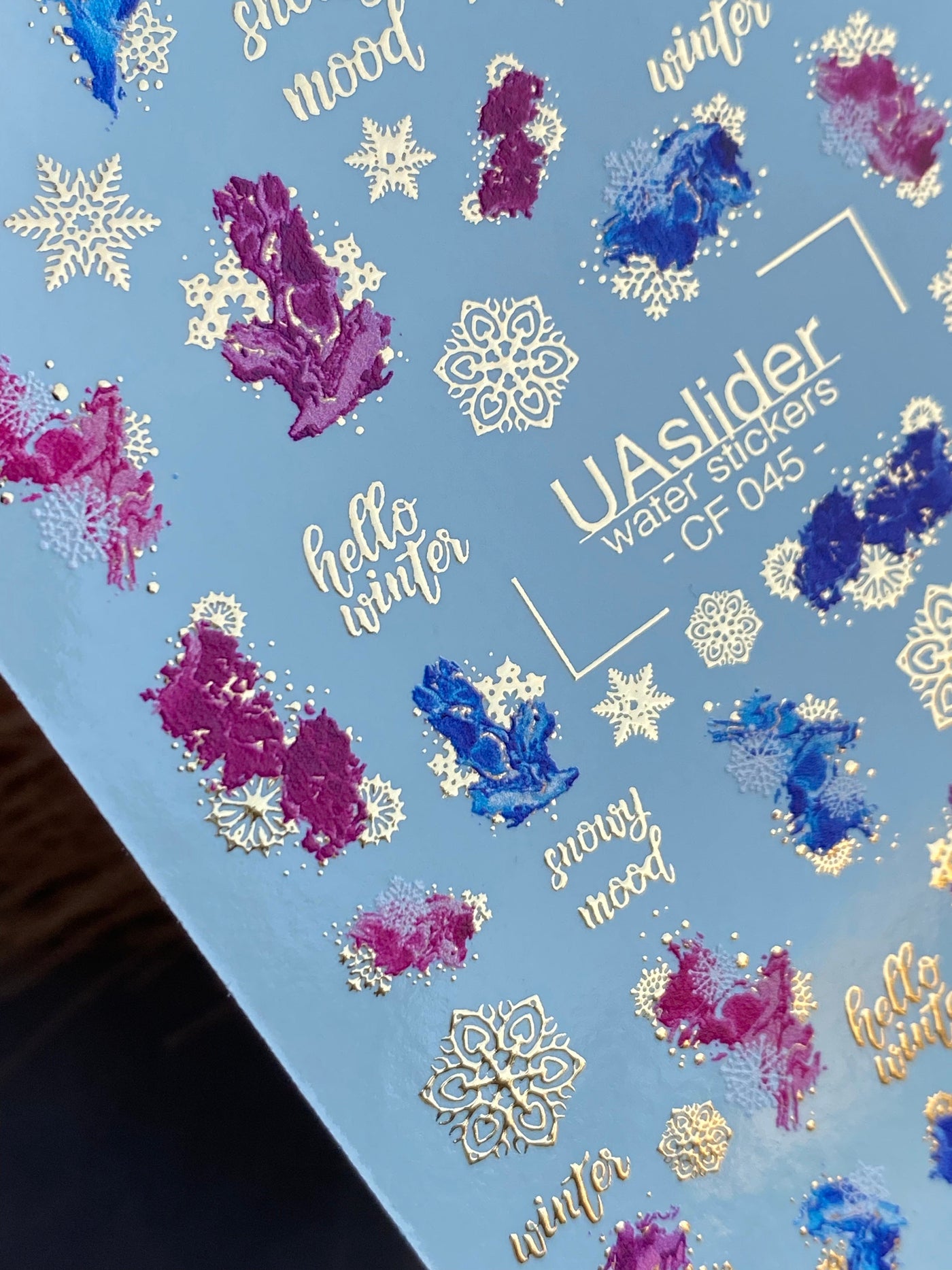 UA Slider 2D Nail Decal CF-045 Winter Nail Water Decals Abstract Splashes Snowflakes Gold Foil holiday nails winter nails chrome snowflake nails