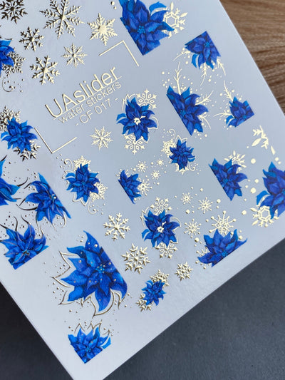 UA Slider 2D Nail Decal CF-017 Water Slide Nail Decals Blue Poinsettia and Gold Snowflakes