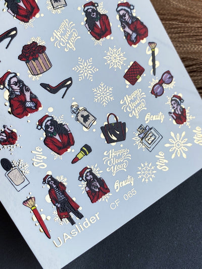 UA Slider 2D Nail Decal CF-065 Water Slide Nail Decals Retro Holiday Fashion Girls Santa Gifts Gold Snowflakes