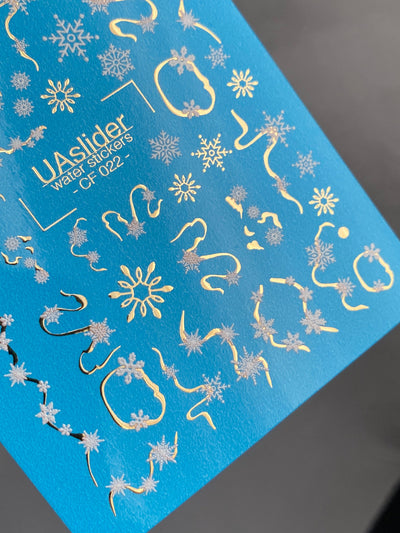 UA Slider 2D Nail Decal CF-022 Water Slide Nail Decals Snowflake Garlands and Gold Swirls