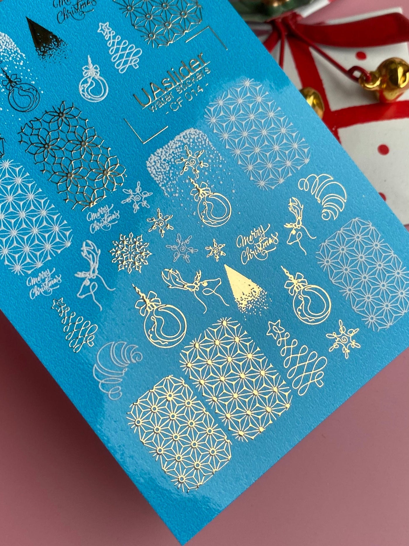 UA Slider 2D Nail Decal CF-014 Water Slide Nail Decals Gold Foil Snowflakes and Geometric Patterns